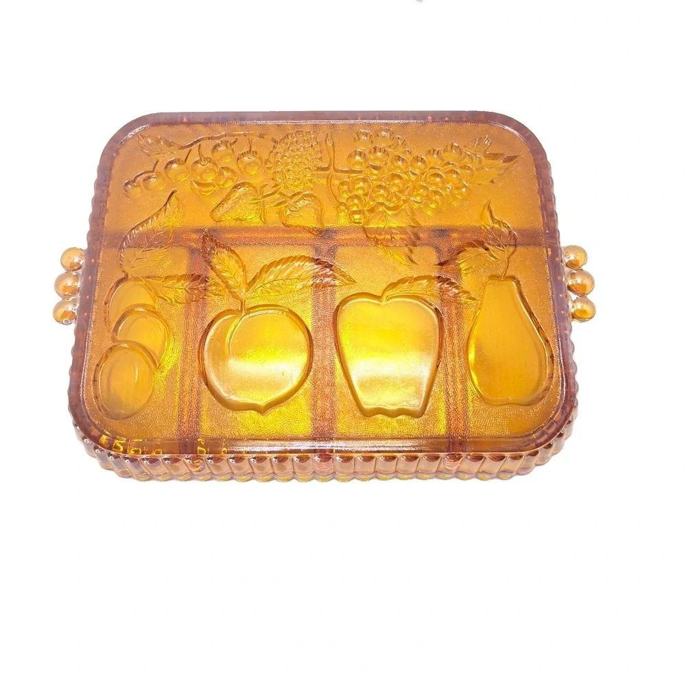 Vintage Indiana Glass Amber Divided Relish Tray Charcuterie Serving Dish MCM
